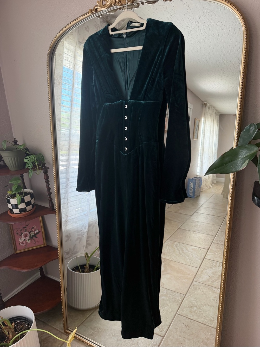 House of CB Forest Green Velvet Maxi Dress with Button Bodice